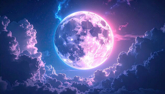 Dreamy Full Moon Illuminating Cosmic Sky with Pink and Blue Nebula Clouds