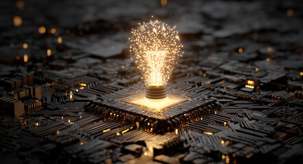 Glowing light bulb on microchip symbolizing innovation