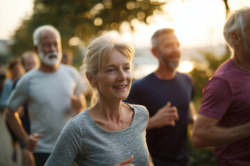 Active senior group jogging outdoors at sunrise