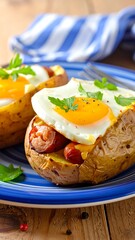 Two baked potatoes, each filled with breakfast sausages and a fried egg, sit on a vibrant blue plate.