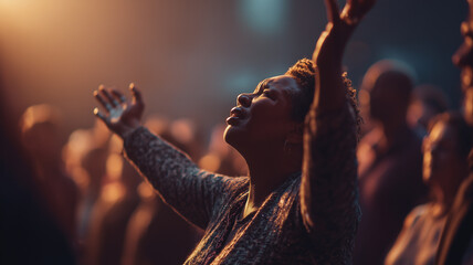Woman worshipping with raised hand in church