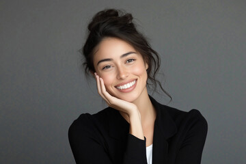 Confident smiling woman posing on gray background