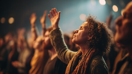 Woman worshipping with raised hand in church