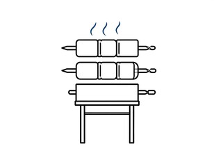Simple line drawing of skewers of food over a grill.