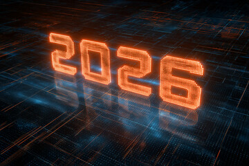 Futuristic 2026 digital countdown on glowing grid