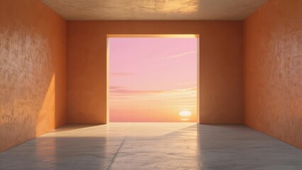 Minimalist interior space with large opening revealing a sunset sky