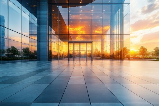 Modern glass building entrance reflecting vibrant orange sunset with clean tiled courtyard and surrounding greenery under a bright sky