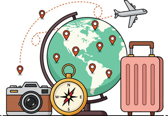 Explore the world with camera, compass, suitcase, globe and airplane isolated on white background
