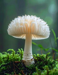 Majestic white mushroom with a spiky cap and glowing gills on a bed of vibrant green moss.