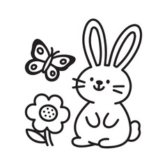 Cute Smiling Easter Bunny with Long Ears and Flower Silhouette. 