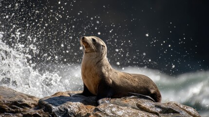 A seal pup sits proudly on a rock, gazing upwards as ocean waves crash and spray around it, illuminated by bright sunlight