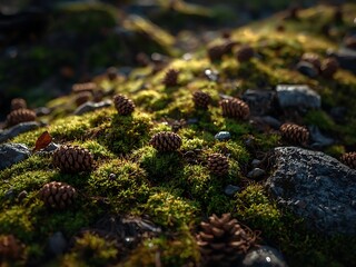 Mossy forest floor with pinecones and rocks