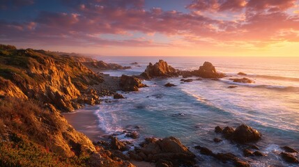 Obraz premium Serene coastal landscape with rocky shoreline at sunset