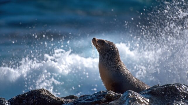 A new zealand fur seal is sitting on a rock as the waves crash behind it on a sunny day in the ocean water