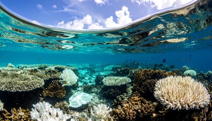 Vibrant coral reef, bleached and vibrant colors, serene and serene underwater scene, clear water and abundant marine life.