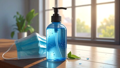A clear plastic bottle of hand sanitizer rests beside a light blue face mask on a wooden surface, bathed in the warm sunlight streaming through a window.