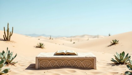 Naklejka premium Serene Desert with Intricate Stone Platform and Book