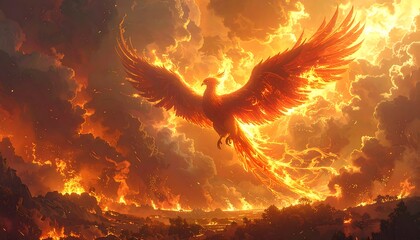 A magnificent phoenix, wings ablaze with fire, soars through a sky filled with fiery clouds over a landscape consumed by flames.