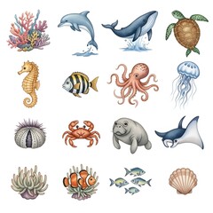 Collection of Watercolor Marine Life Illustrations.
