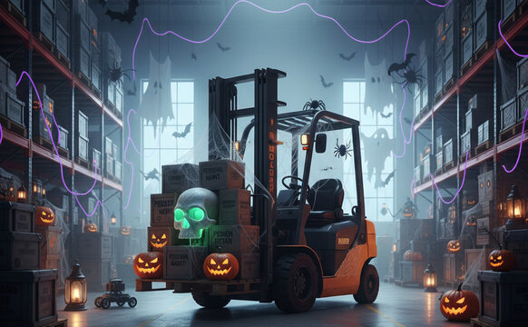 Eerie Halloween Forklift Moving Glowing Skulls and Jack-O'-Lanterns in Spooky Warehouse