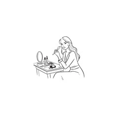 Black and white line art of a beautiful woman doing makeup at dressing table with mirror illustration