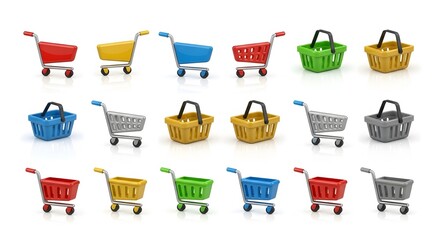 Collection of Colorful Shopping Carts and Baskets for Online Shopping.