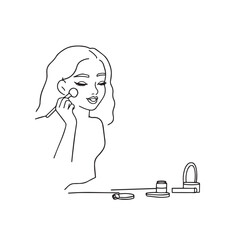 Black and white line art of a beautiful woman doing makeup at dressing table with mirror illustration
