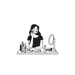 Black and white line art of a beautiful woman doing makeup at dressing table with mirror illustration