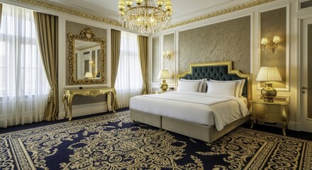Luxurious and Elegant Hotel Bedroom with Gold and Green Accents, Ornate Decor, Crystal Chandelier, and a Royal Blue Patterned Rug