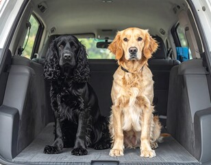 Two attentive dogs, a black Cocker Spaniel and a golden retriever, sit patiently in a car's cargo area, awaiting their next adventure.