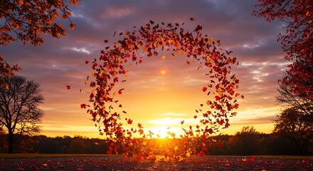 Autumn leaves swirling in a circle against a vibrant sunset sky