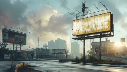blank billboard on the street,Mock up image: wide blank white billboard or large display and clouds against sunset warm sky. Consumerism, mock up, advertising, isolated white screen, background