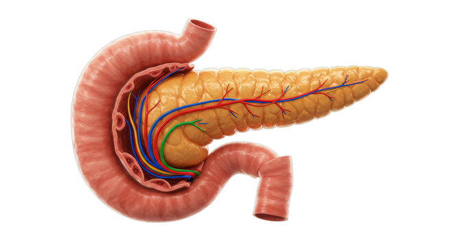 Human pancreas with connecting ducts, isolated medical PNG cutout, digestive system
