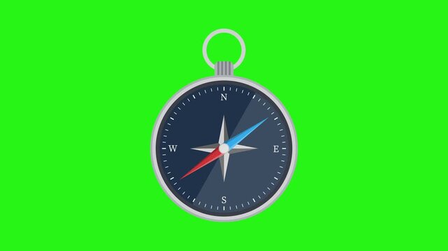 Animated compass icon with rotating needle on a 4K green screen background