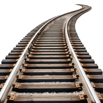 Railroad tracks curving into distance on transparent background