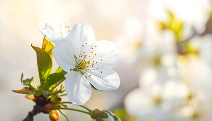 A delicate white cherry blossom in springtime, showcasing soft, pastel colors and vibrant green leaves, bathed in sunlight.