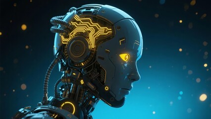 Cybernetic humanoid robot with glowing circuitry and illuminated eye, set against a starry cosmic background