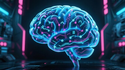 Neon-lit digital brain with circuit patterns in a futuristic high-tech environment