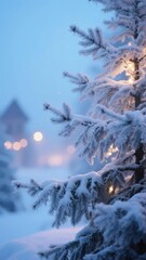 Snow-covered pine branches illuminated by soft lights in a winter evening setting