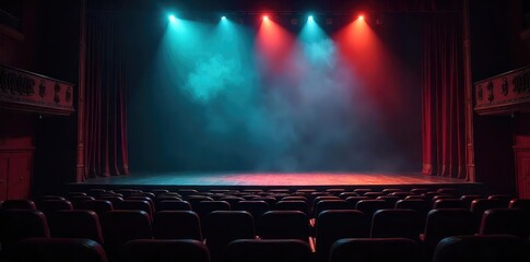 A dimly lit theater stage, empty chairs, a lone spotlight illuminating dust motes in the air, conveying a sense of quiet melancholy and forgotten performances , vintage, dramatic lighting