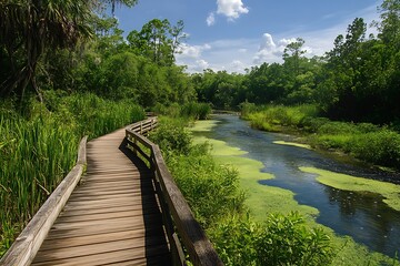 Obraz premium Boardwalk through a serene swamp landscape with lush greenery and blue flowing river