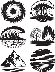 Fototapeta premium Powerful nature elements icons dynamic storm water fire mountain