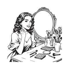 Black and white line art of a beautiful woman doing makeup at dressing table with mirror illustration