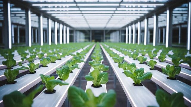 Thriving hydroponic farm showcases rows of vibrant green lettuce under bright, modern LED lighting