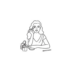 Black and white line art of a beautiful woman doing makeup at dressing table with mirror illustration