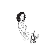 Black and white line art of a beautiful woman doing makeup at dressing table with mirror illustration