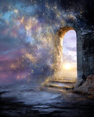 Fototapeta premium A mystical door leading to a cosmic landscape. Soul library gateway system, proven soul library gateway system for wisdom, soul library gateway system unlocking truth