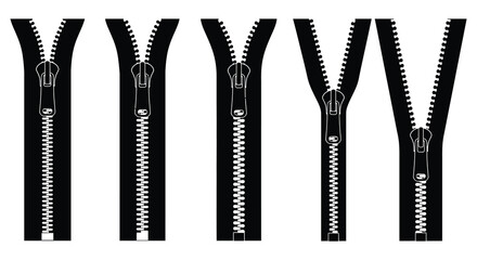Black and white illustration featuring four zippers in different positions © nhpvect02