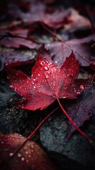 Closeup red maple leaf with dewdrops