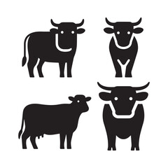 Set of Four Black Cow Animal Silhouettes in Flat Vector Design.